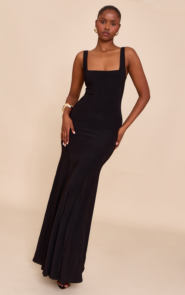 Black Double Layer Soft Touch Scoop Neck Maxi Dress image 4