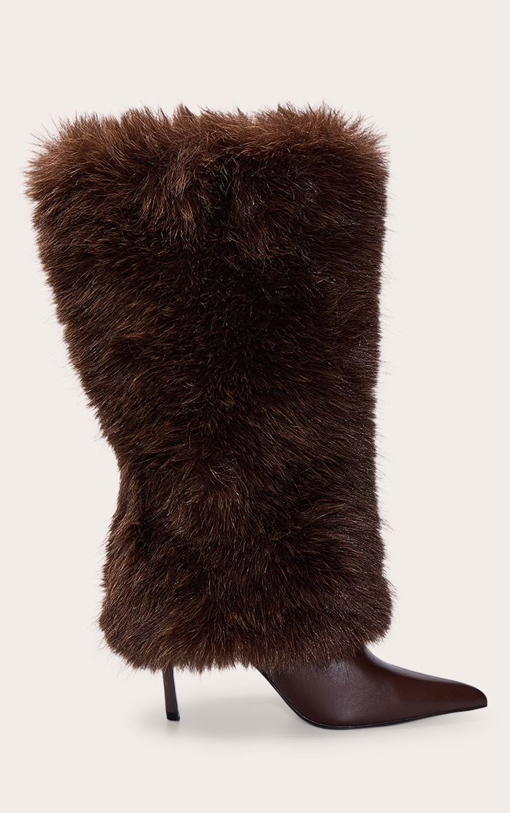 Chocolate Faux Fur Knee High Heeled Boot image 2