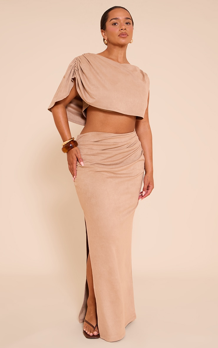 Shape Stone Faux Suede Ruched Side Split Maxi Skirt image 2
