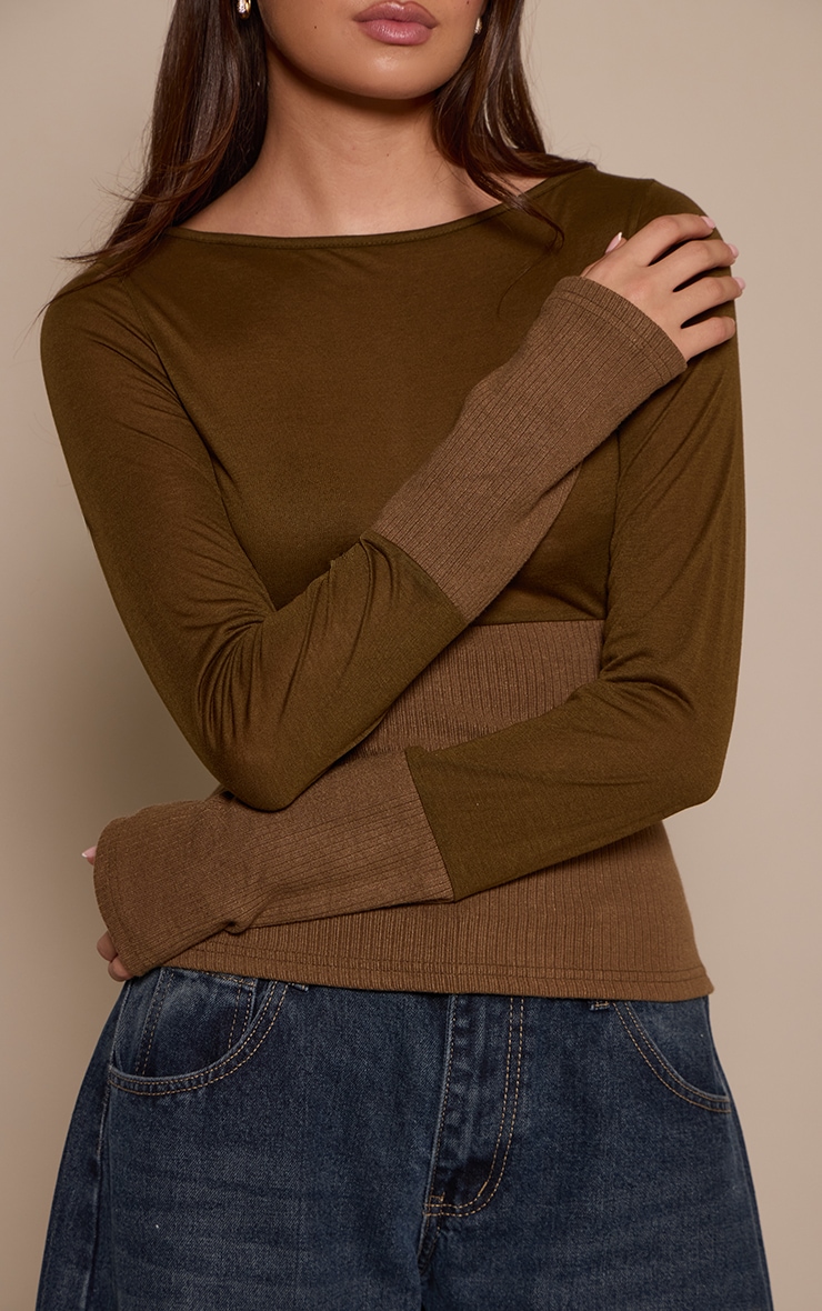 Dark Khaki Contrast Jersey Rib Long Sleeve Fitted Top image 4