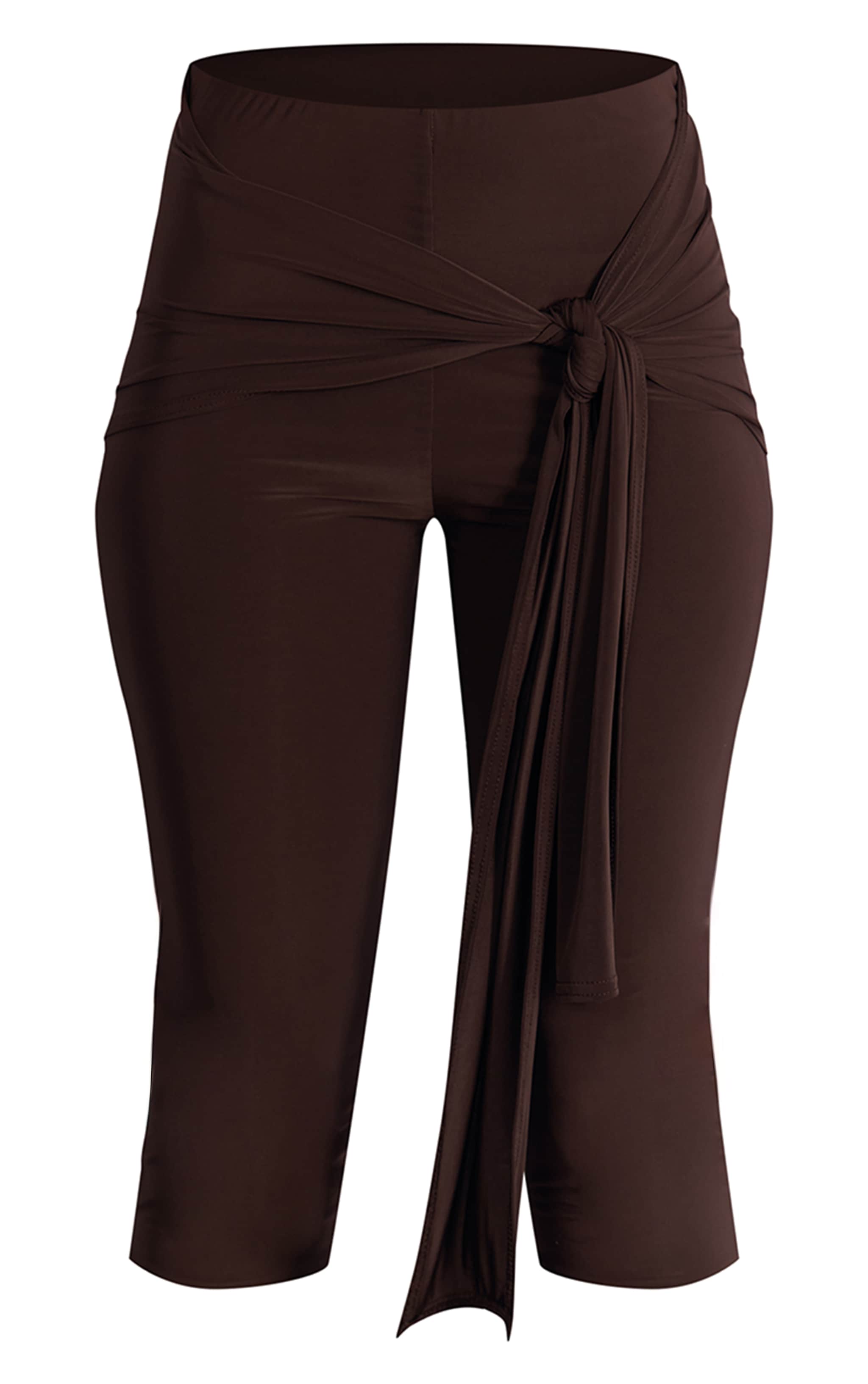 Pantalon capri moulant chocolat à partie superposée nouée image 5