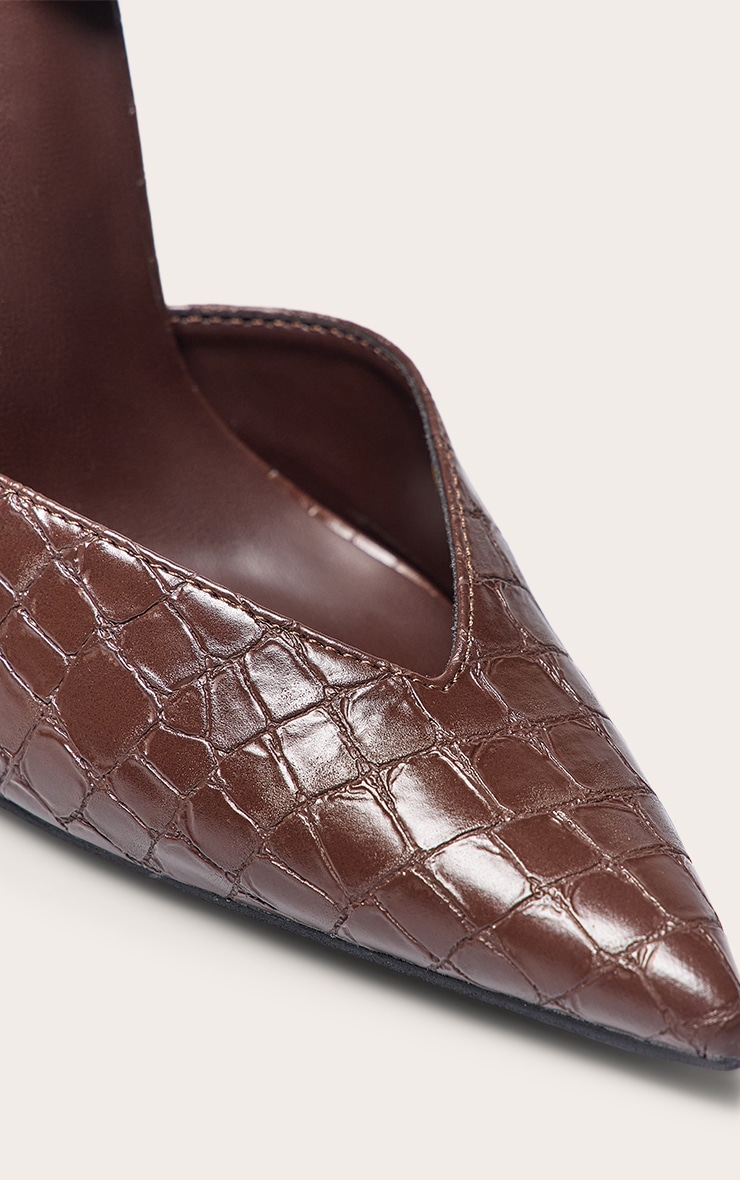 PLT Label Chocolate Brown Faux Croc Point Toe High Heeled Court Shoes image 4