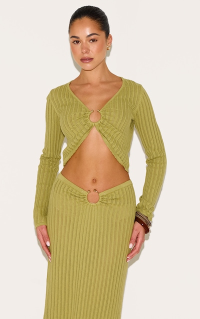 Top en maille pointelle vert olive à manches longues et empiècement
