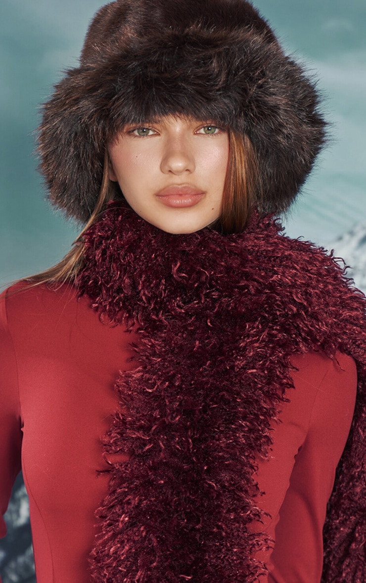 Burgundy Shaggy Faux Fur Scarf image 1