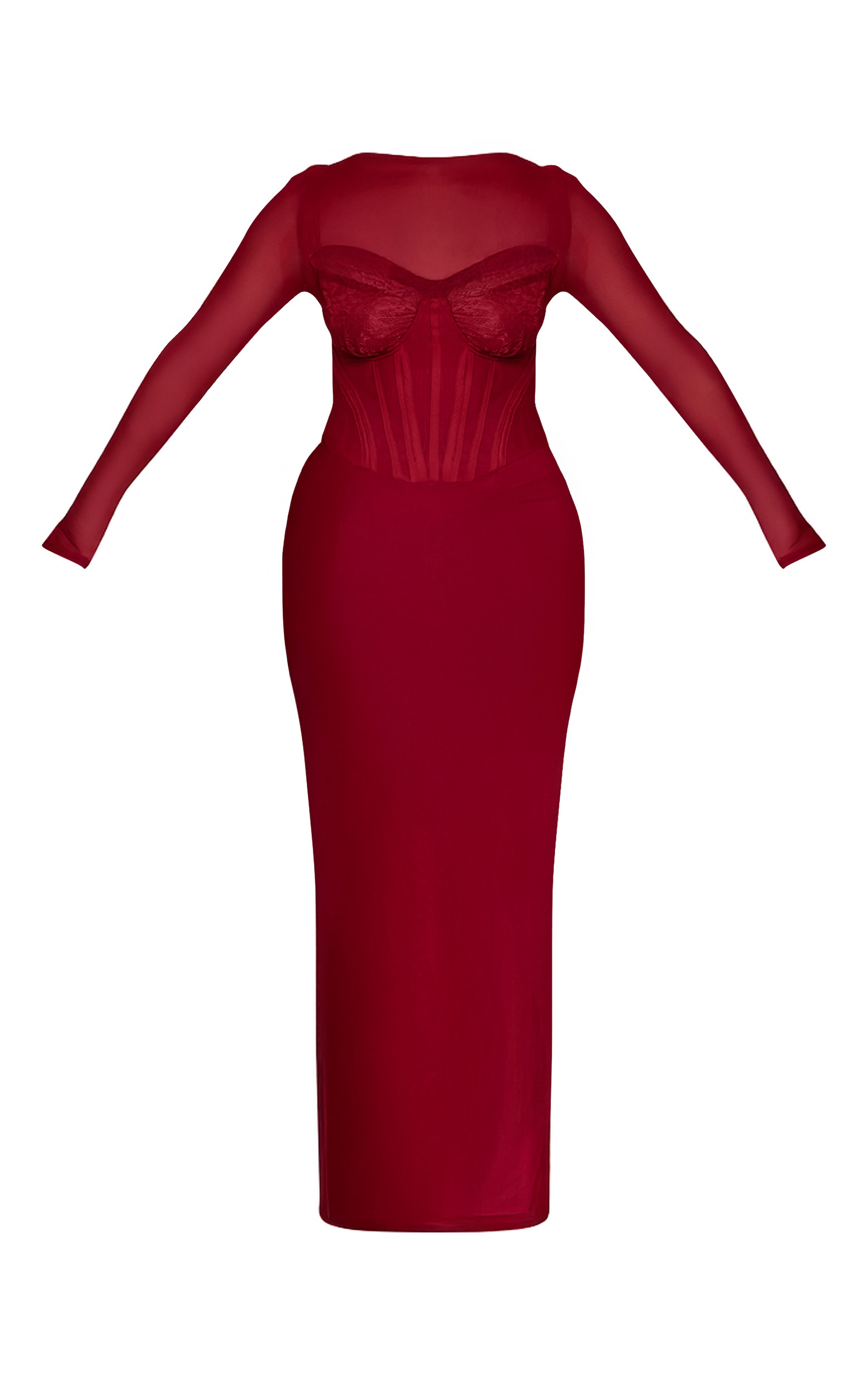Shape Burgundy Mesh Lace Insert Corseted Maxi Dress image 5