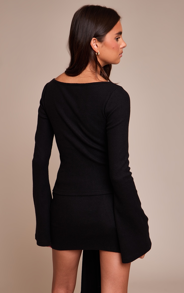 Black Thick Brushed Rib Flared Long Sleeve Top image 2