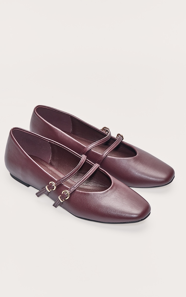 Burgundy Pu Round Toe Ballet Flat With Gold Buckle Detail image 5