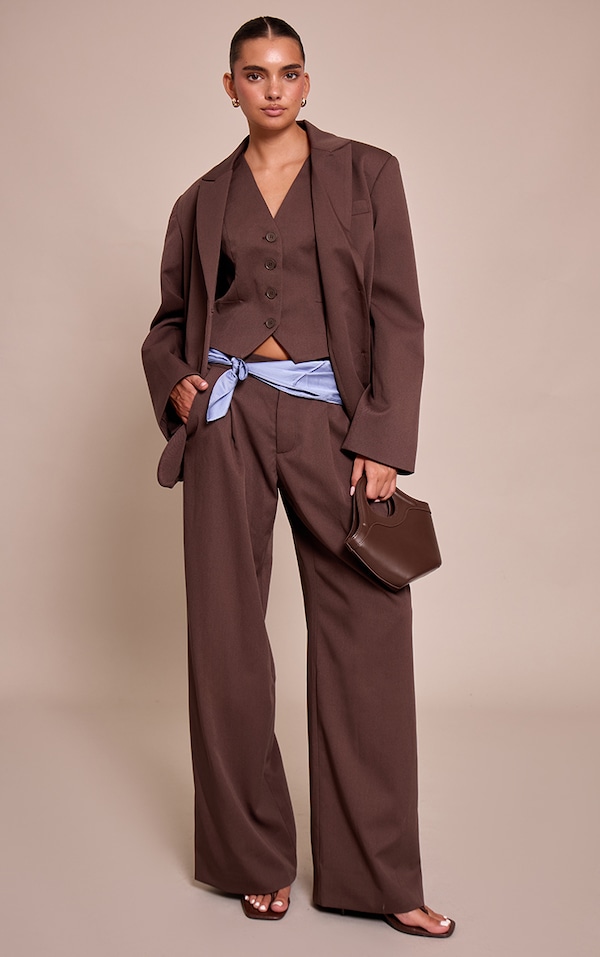Dark Brown Tailored Woven Wide Leg Pleated Pant