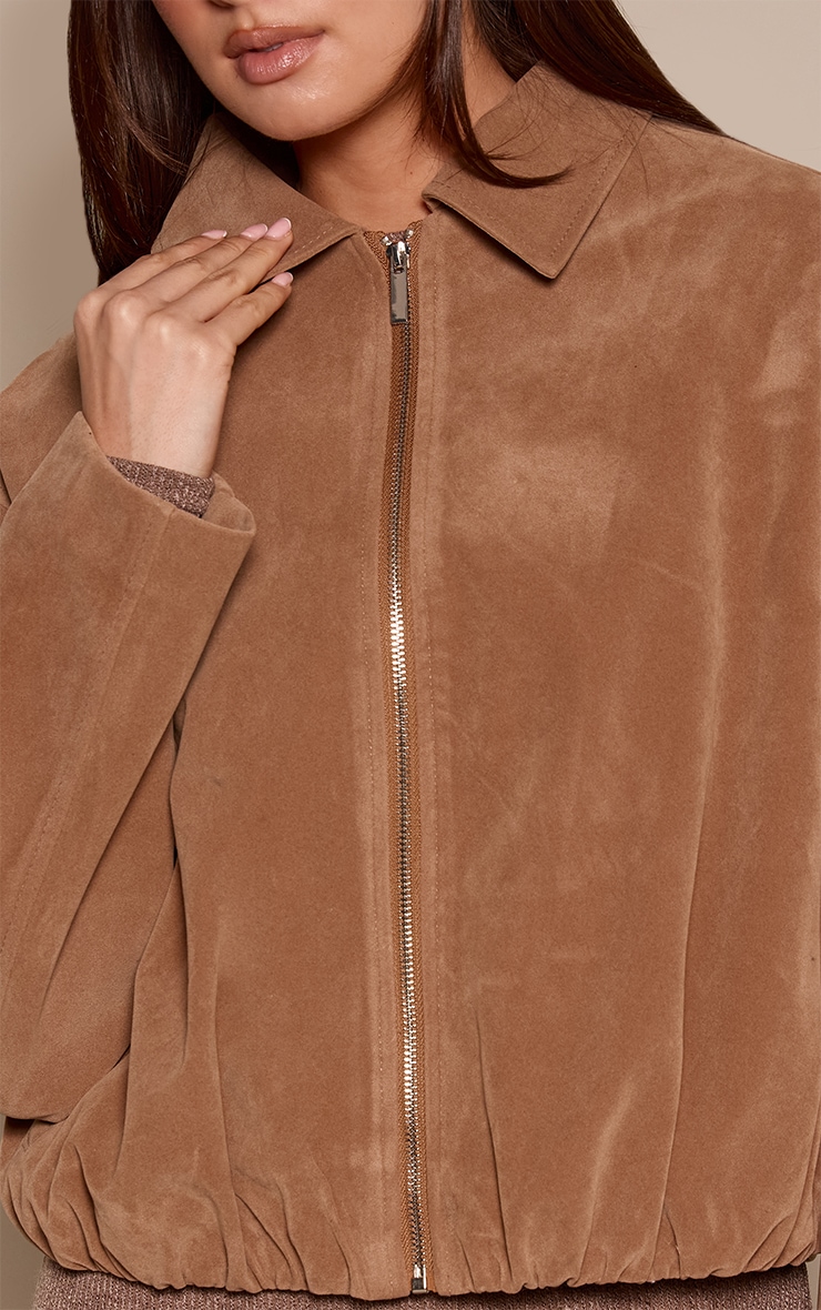 Tan Gathered Hem Zip Up Suede Jacket image 4