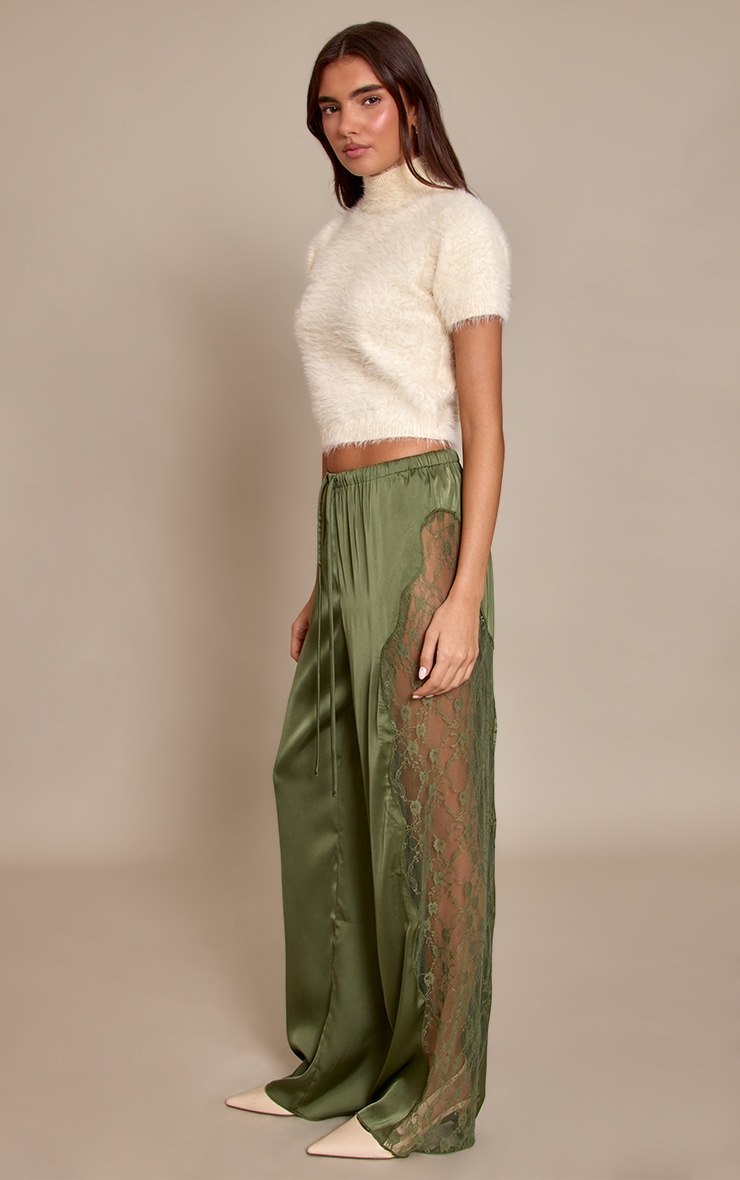 Dark Olive Satin Lace Drawstring Trousers