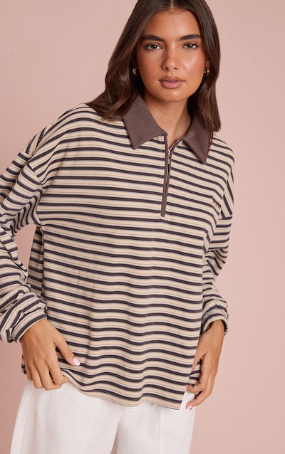 Sweat polo en polaire douce marron à rayures et quart de zip