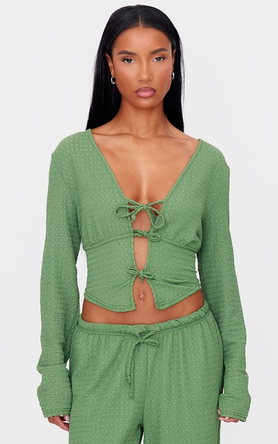 Khaki Textured Tie Front Waistcoat