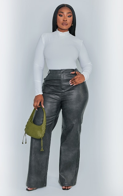 Plus Black Washed Faux Leather Straight Leg Pants