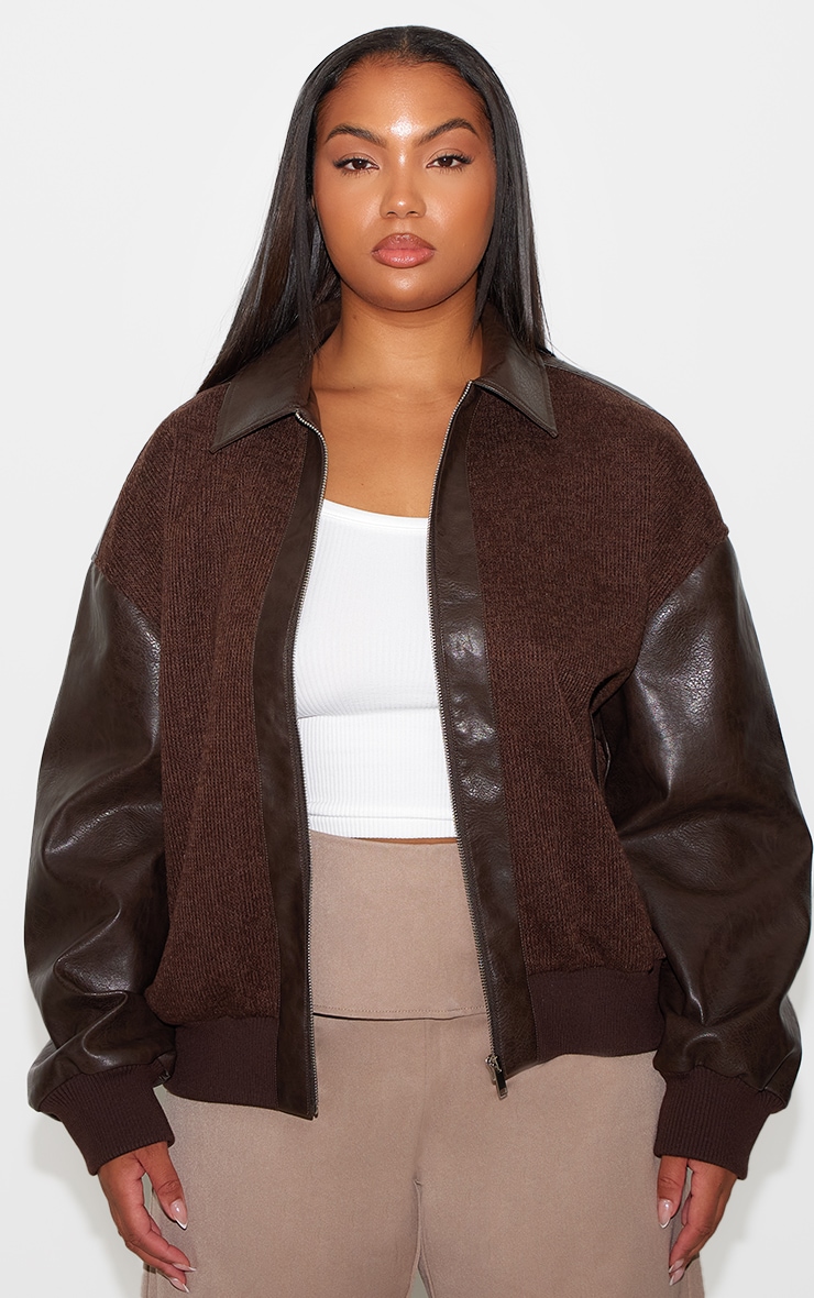 Plus Brown Faux Leather Contrast Jacket image 3