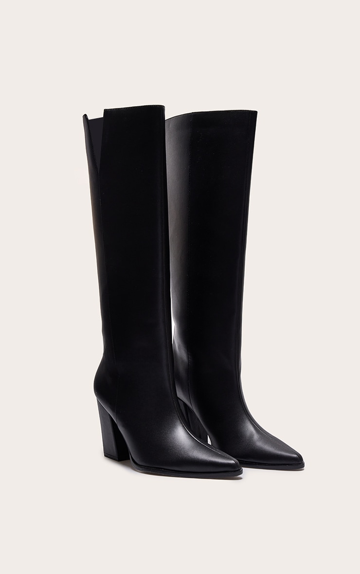 Black PU Point Toe Block Heeled Knee High Boot image 2