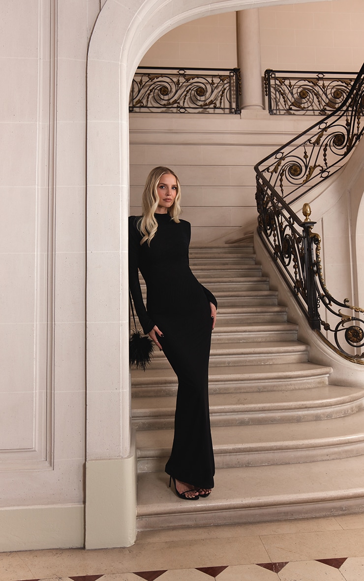 Premium Black Mesh Feather Pom Pom Open Back Maxi Dress image 6