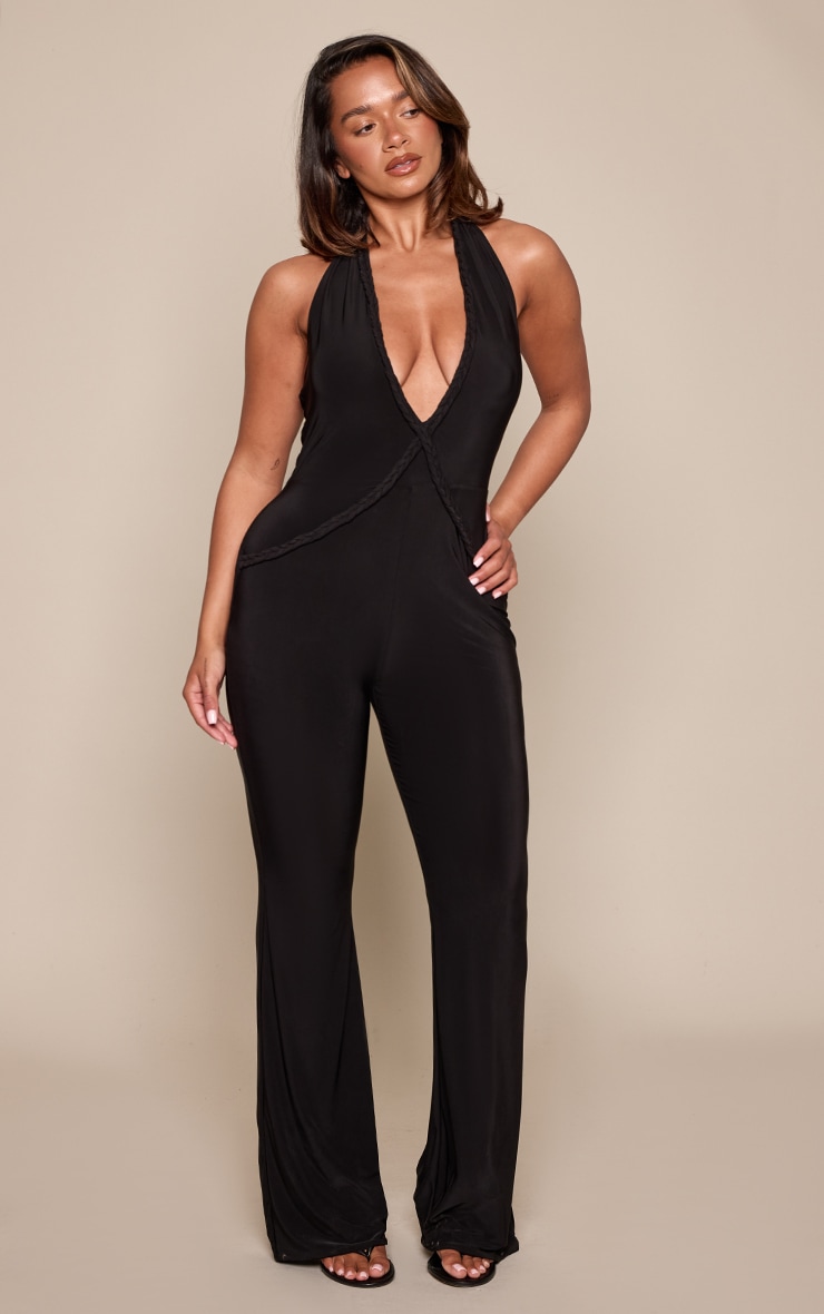 Shape Black Plait Detail Halterneck Flared Jumpsuit