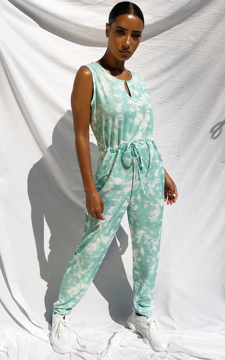 Teal Tie Dye V Neck Tie Waist Jumpsuit