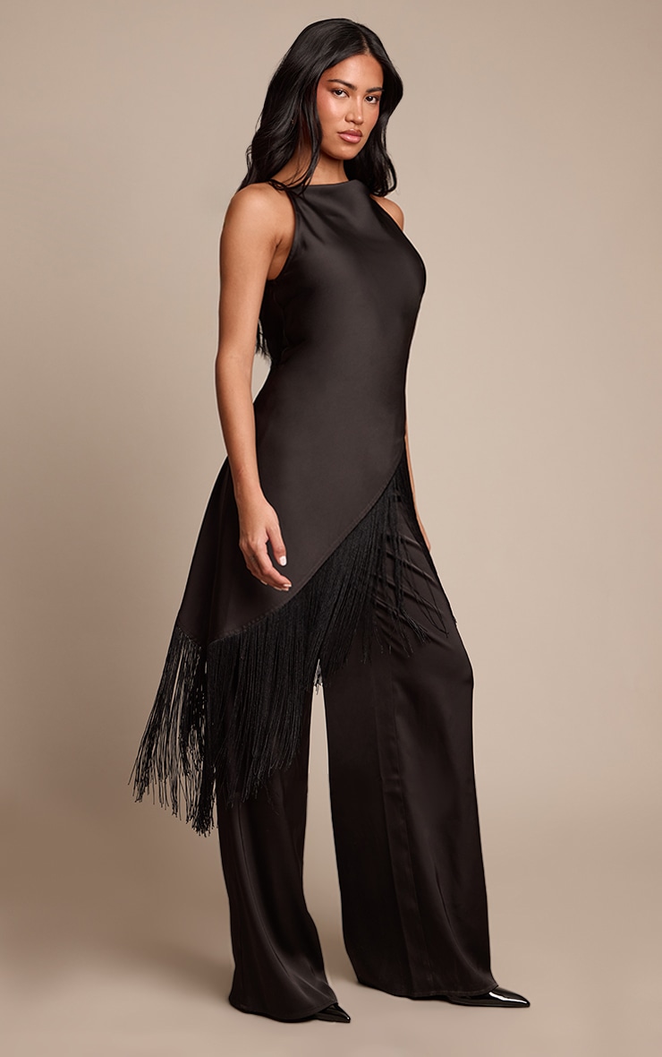 Black Satin Fringe Detail Jumpsuit image 3
