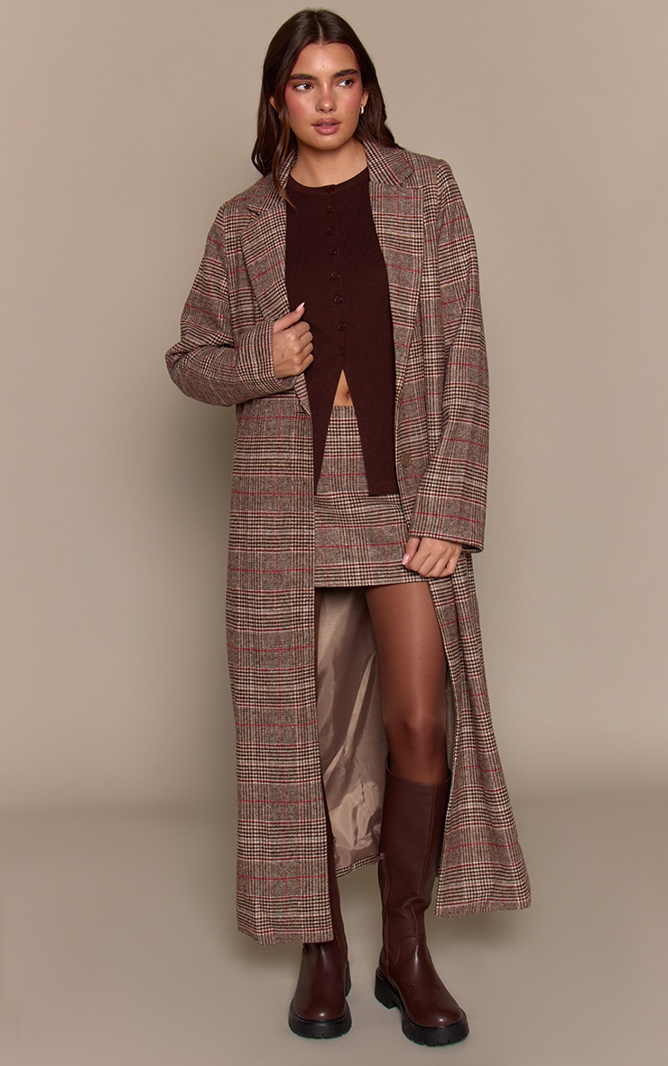 Brown Tartan Wool Look Coat image 1