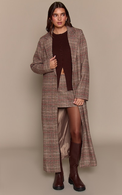 Brown Tartan Wool Look Coat