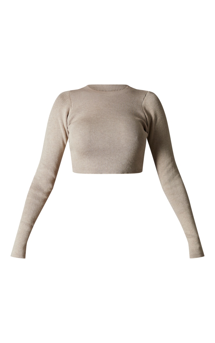 Taupe Soft Rib Knitted Long Sleeve Crop Top image 5