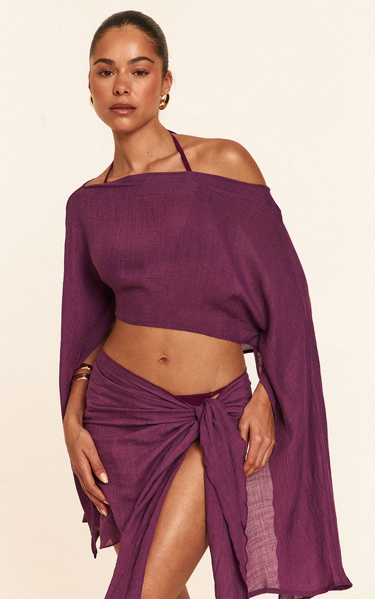Purple Linen Look Drape Shoulder Top image 1