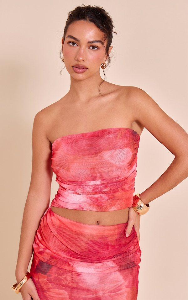 Pink Floral Print Chiffon Mesh Bandeau Top