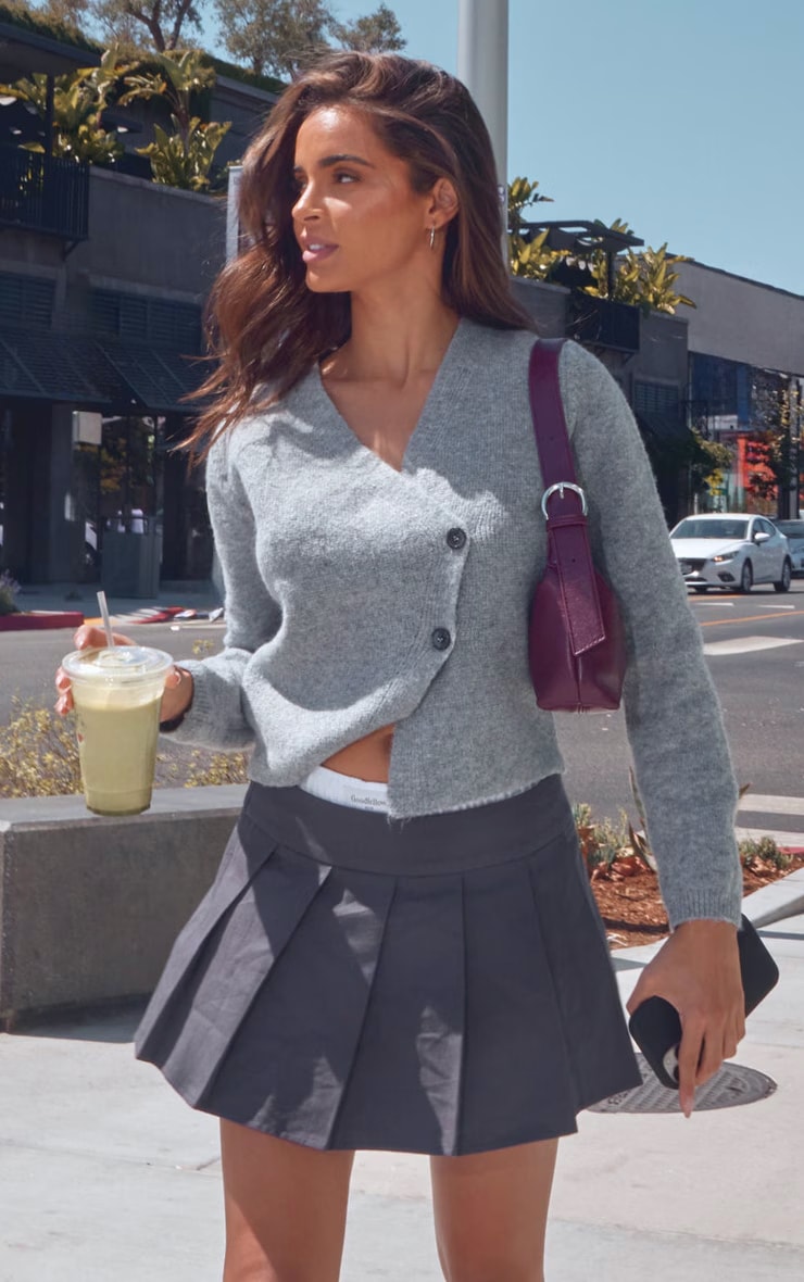 Grey Knit Asymmetric Button Cardigan image 2