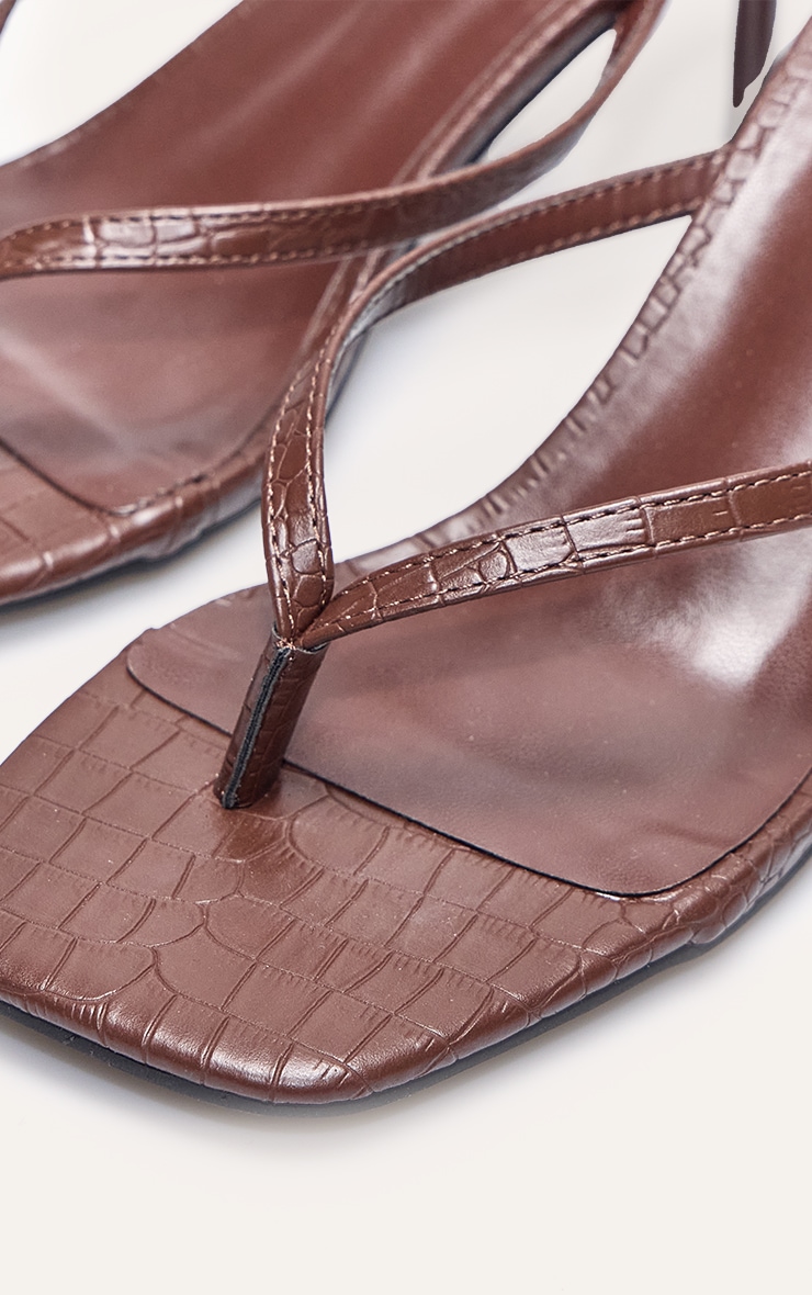 Brown Croc Pu Square Toe Thong Mid Stiletto Heeled Mules image 4