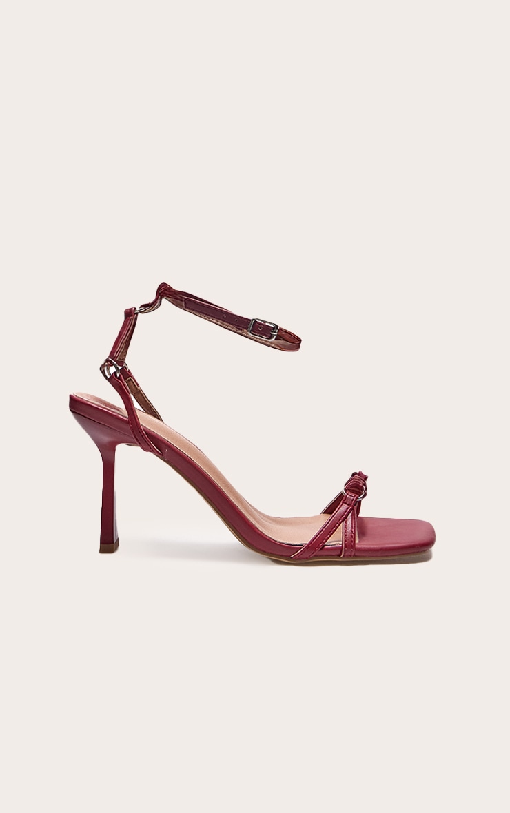 Burgundy PU Square Toe Buckle Detail Barely There Mid Heeled Sandals image 1