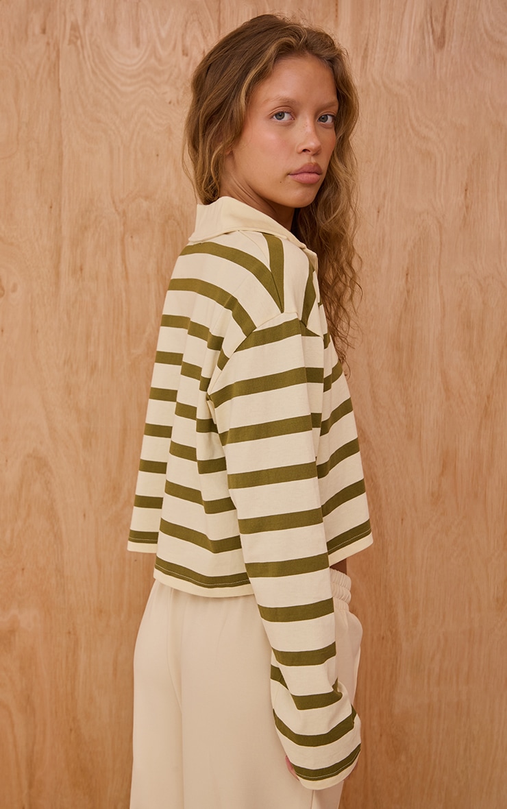 Sage Green Striped Cotton Polo Collar Long Sleeve Crop Top image 2