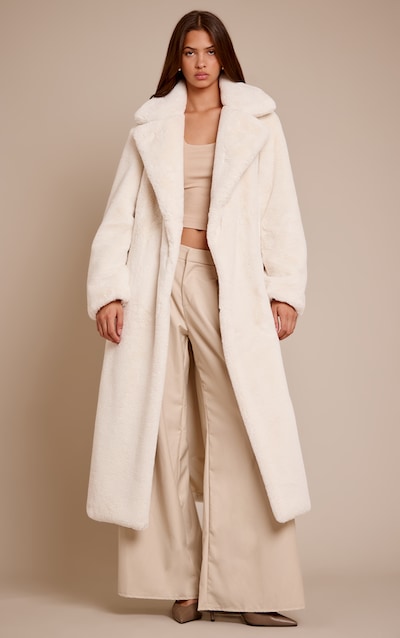 Cream Faux Fur Tie Waist Maxi Coat