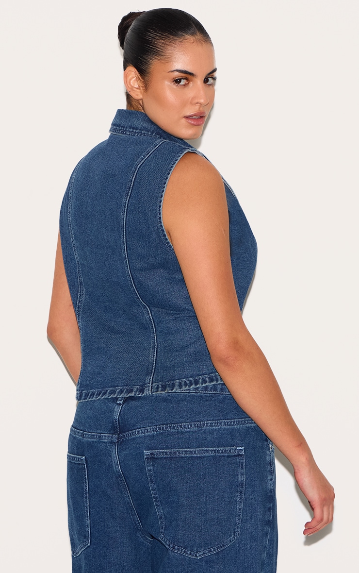 Plus Dark Blue Denim Collar Waistcoat image 2