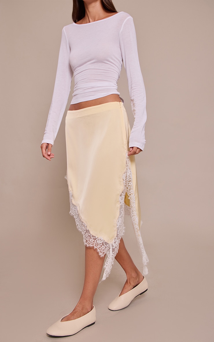 Lemon Satin Lace Trim Asymmetric Midi Skirt image 2