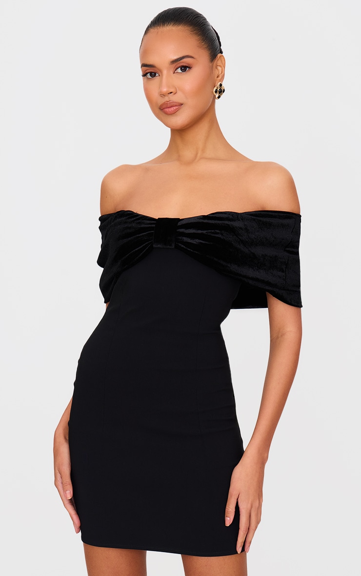 Black Stretch Woven Velvet Bow Bardot Mini Dress image 3