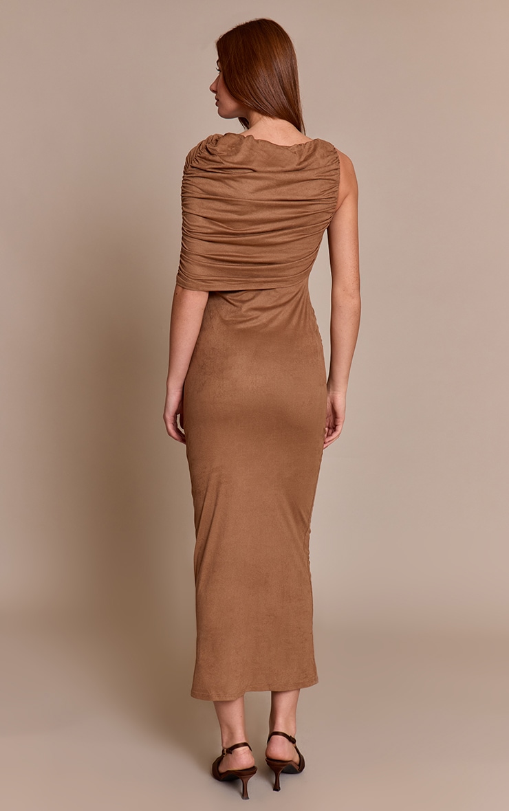 Robe longue en suédine gris pierre à épaule unique drapée image 2