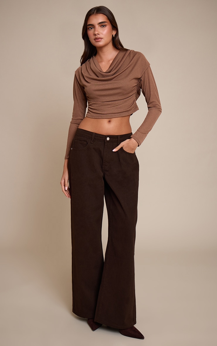 Top en mesh dévoré marron clair à col bénitier et manches longues image 3