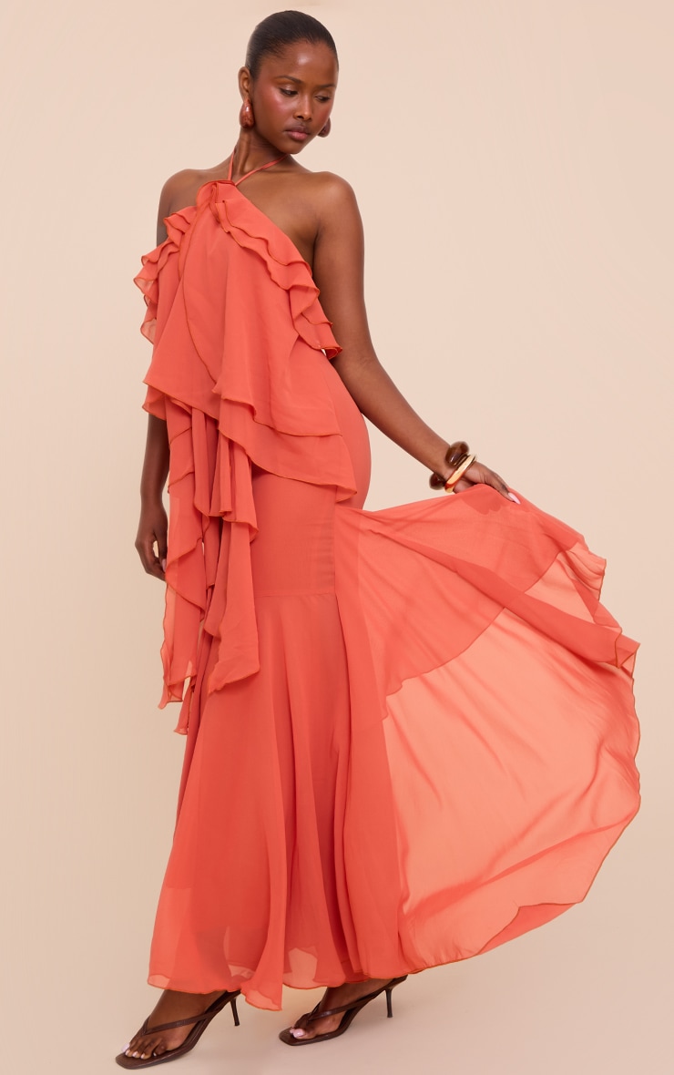 Orange Chiffon Frill Halterneck Floaty Maxi Dress image 3