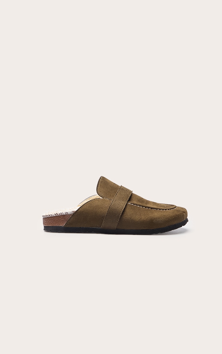 Mules en suédine vert olive à doublure en fausse fourrure image 2