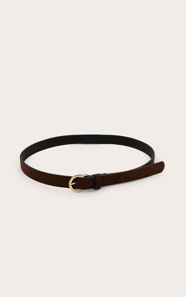 Chocolate Faux Suede Gold Crescent Buckle Skinny Belt image 1