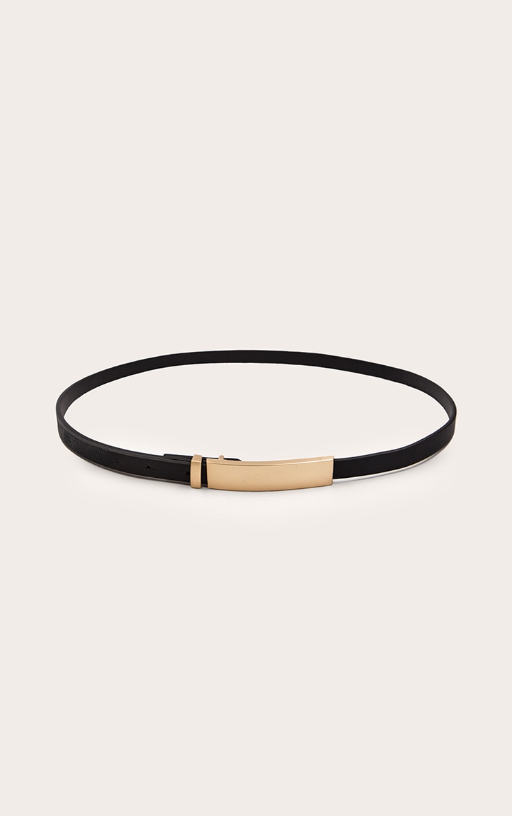 Black PU Elongated Gold Buckle Skinny Belt image 2