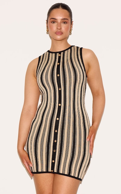 Shape Black Knitted Striped Button Front Mini Dress