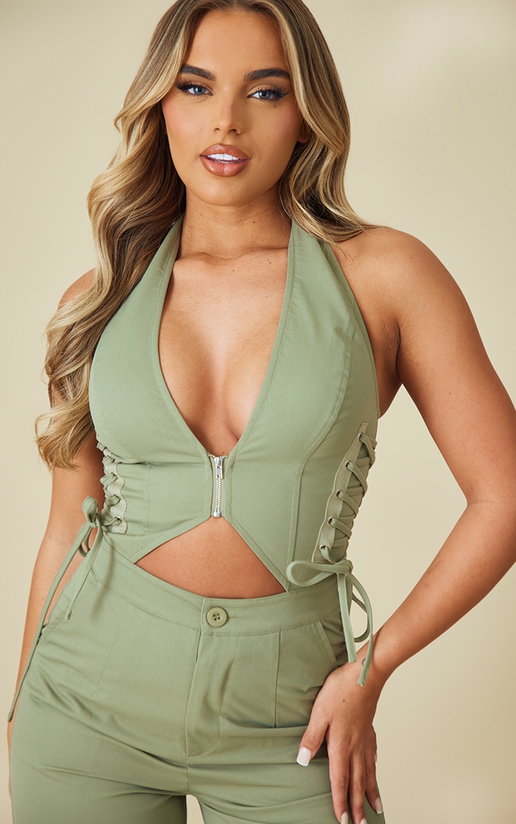 Light Khaki Woven Halter Zip Detailed Lace Up Jumpsuit image 4