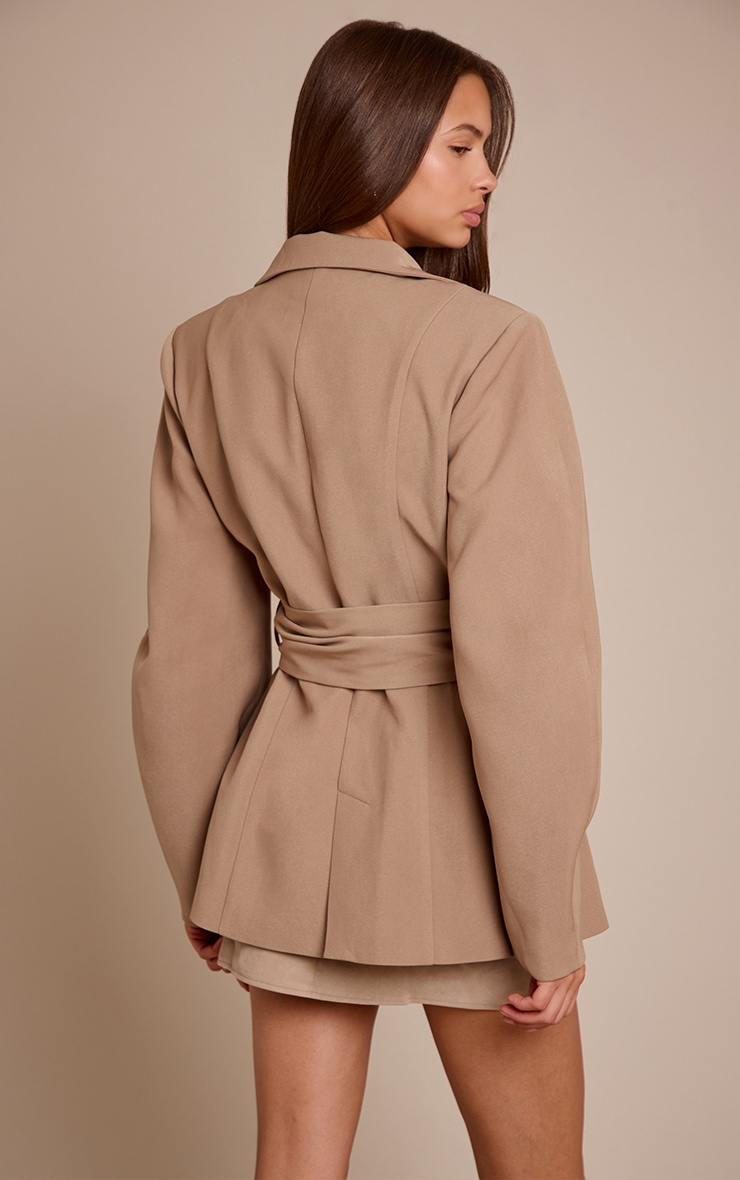 Taupe Gathered Wrap Waist Belted Blazer image 2
