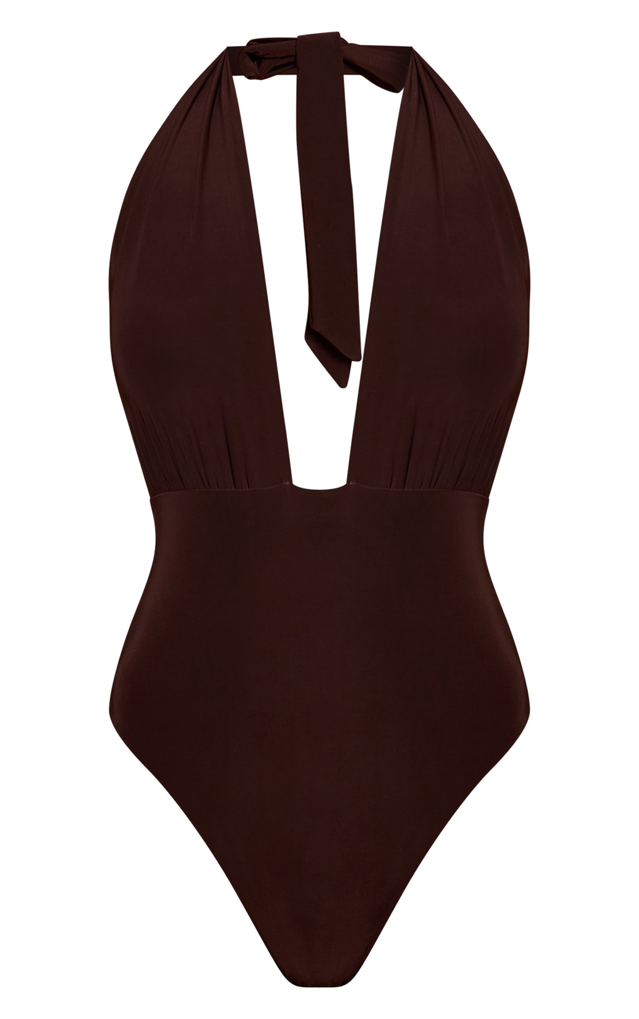 Chocolate Double Layer Slinky Plunge Detail Halter Neck Bodysuit image 5