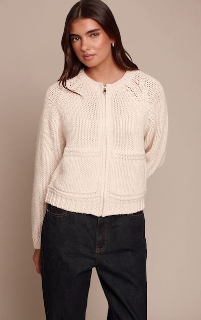 Ecru Chunky Knitted Zip Up Cardigan
