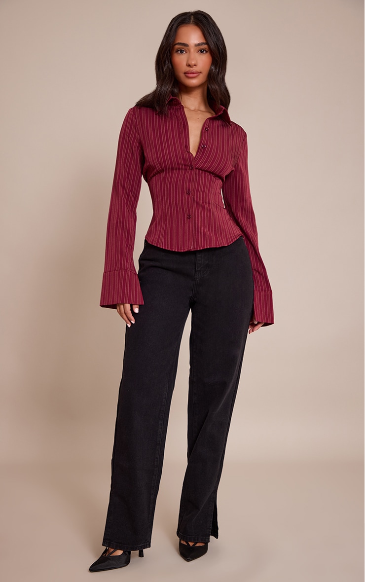 Petite Burgundy Striped Long Sleeve Fitted Shirt image 3