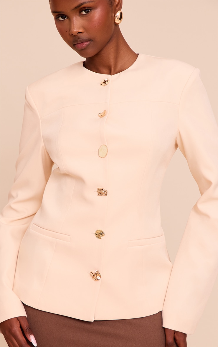 Beige Multi Button Up Round Neck Fitted Jacket image 4