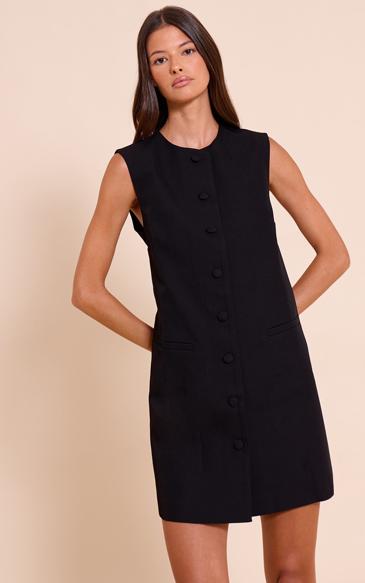 Black Tailored Woven Button Down A Line Mini Dress image 1
